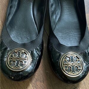 Tory Burch Black Leather Patent Cap Toe Ballet Flats Women's Size 9M